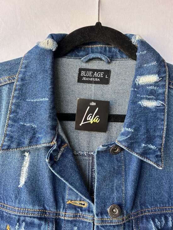 NWT Dressed in LaLa Blue Age Jeans USA Distressed Long Denim Duster Jacket - Picture 2 of 3